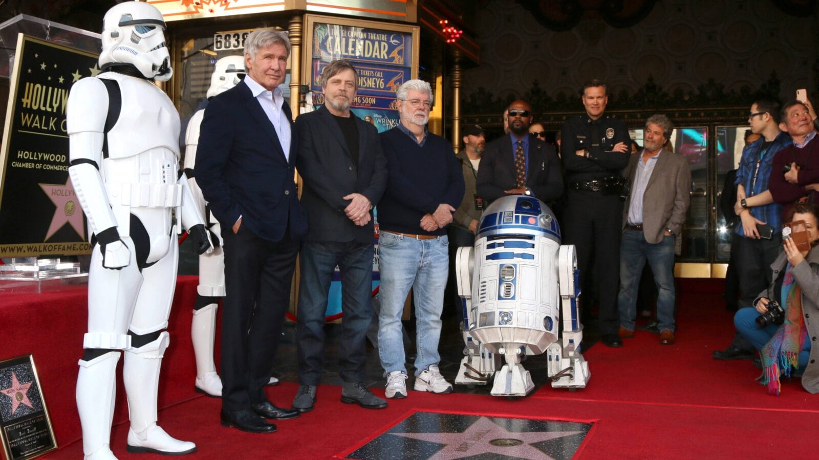 Harrison Ford, Mark Hamill, George Lucas at the Mark Hamill Star Ceremony on the Hollywood Walk of Fame in Los Angeles