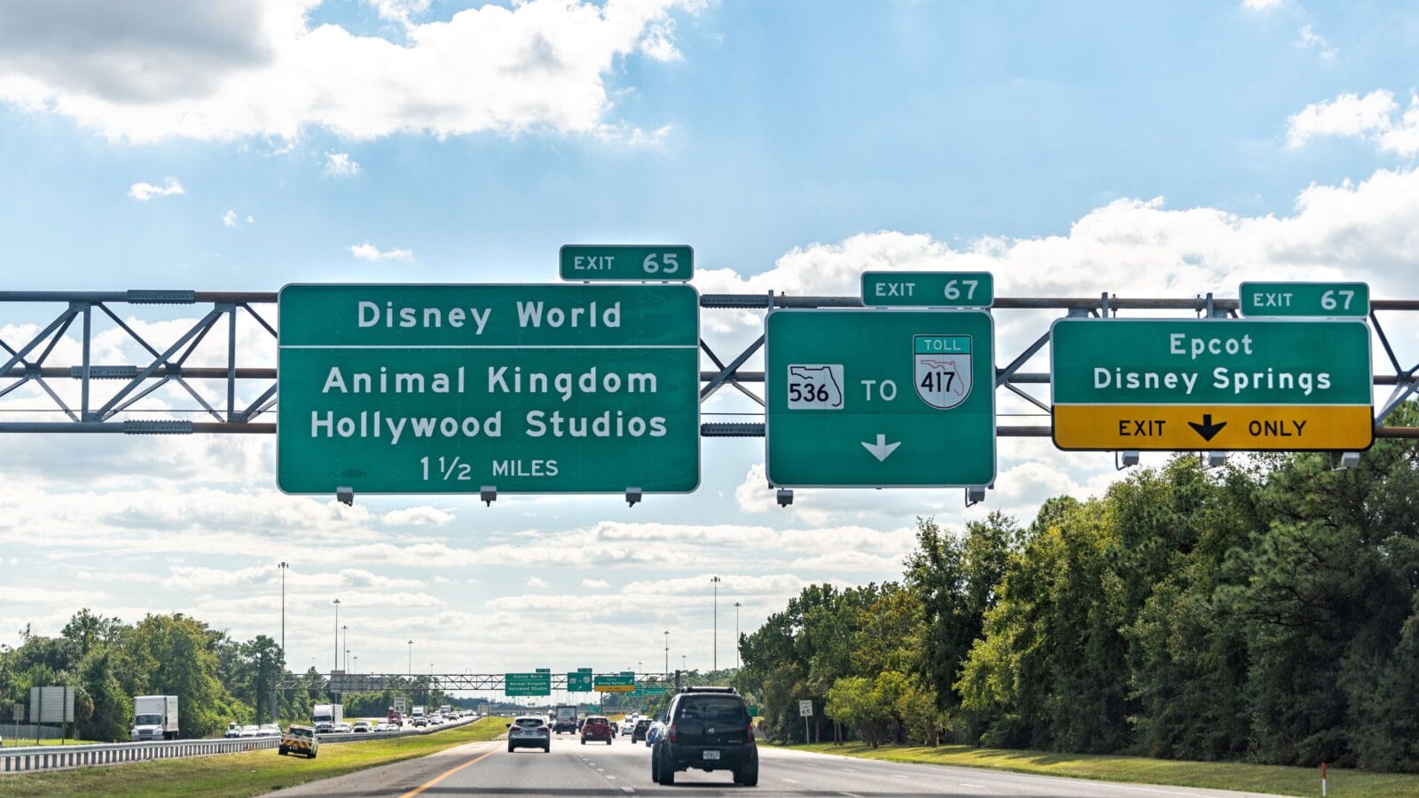 Highway exit sign for Disney World Epcot at Disney Springs Magic Kingdom and Hollywood Studios themed amusement parks in Florida Lake Buena Vista