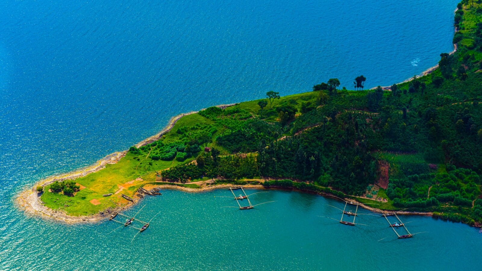 Aerial drone photo of an island in lake kivu, RWANDA.