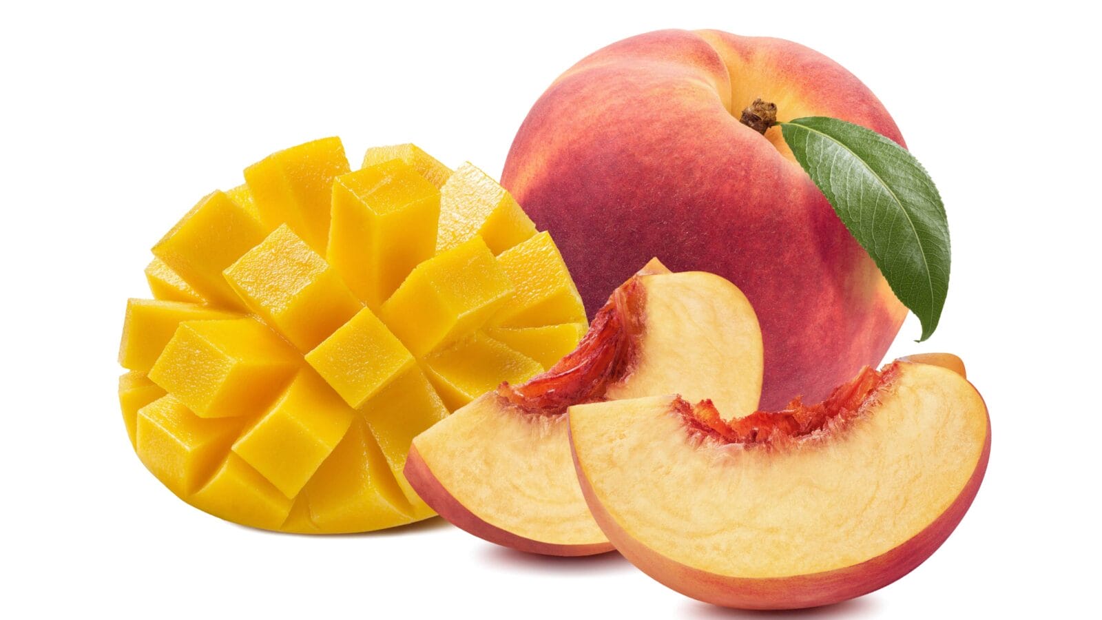 Mango peach whole slices fruit isolated on white background