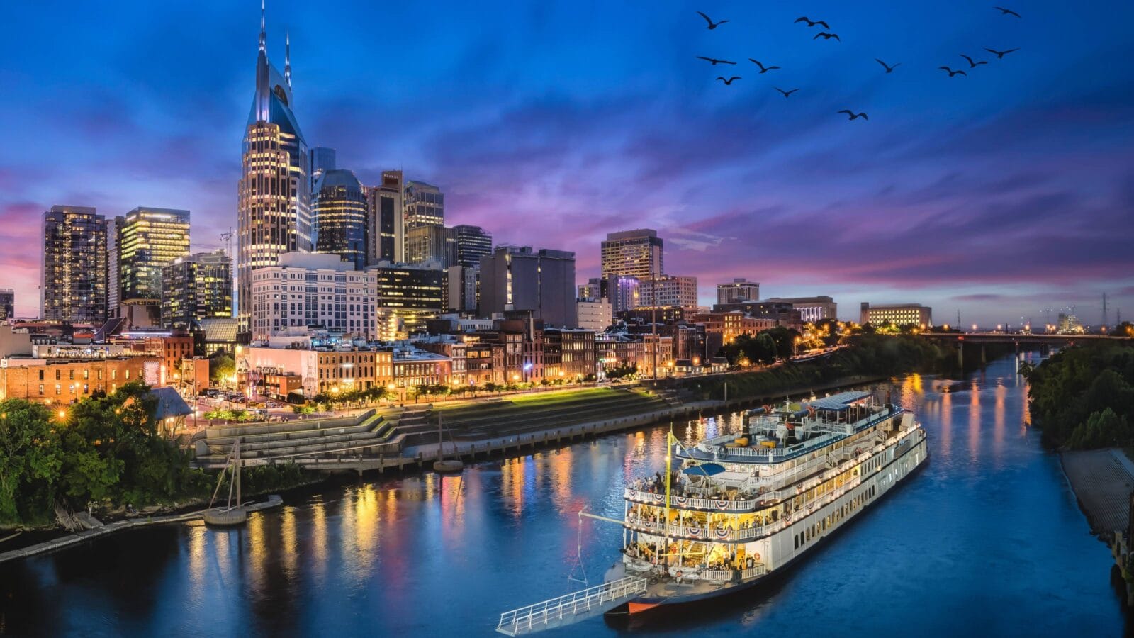 Nashville skyline with river and sunset