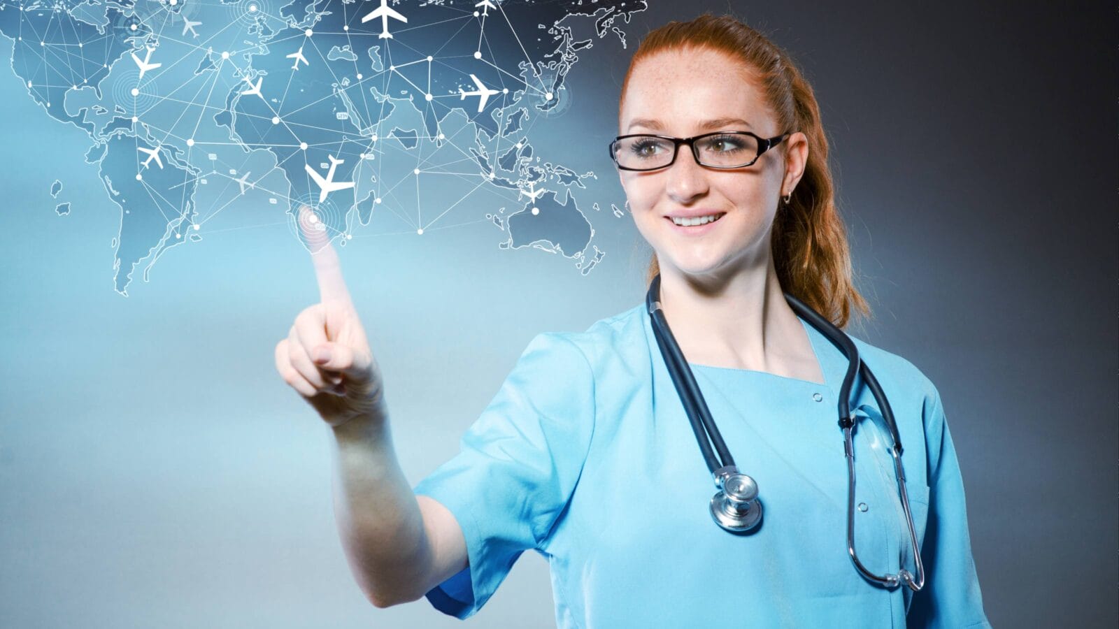 Nurse pointing on a world map