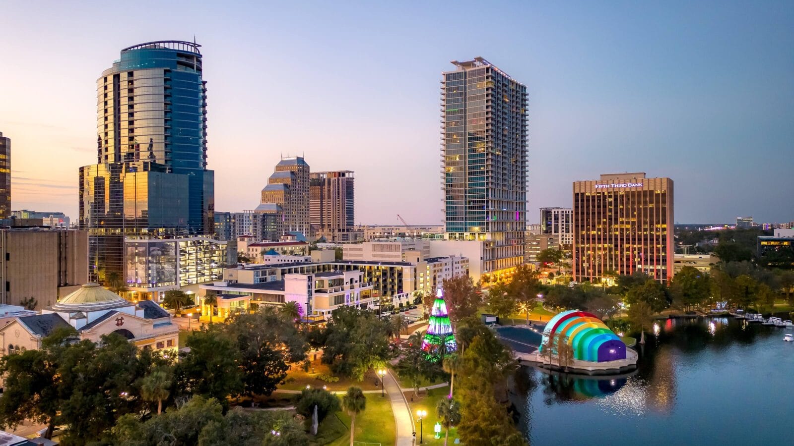 Aerial view of downtown Orlando, Florida, USA, Lake Eola Park