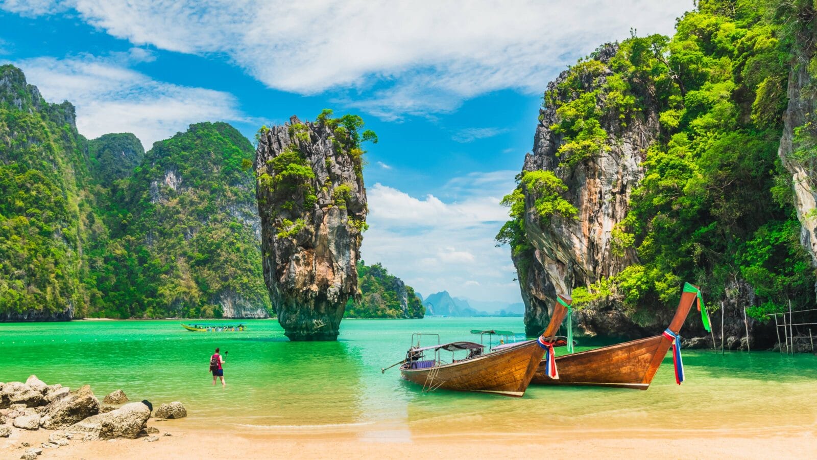 Amazed nature scenic landscape James bond island with boat for traveler Phang-Nga bay, Attraction famous landmark tourist travel Phuket Thailand