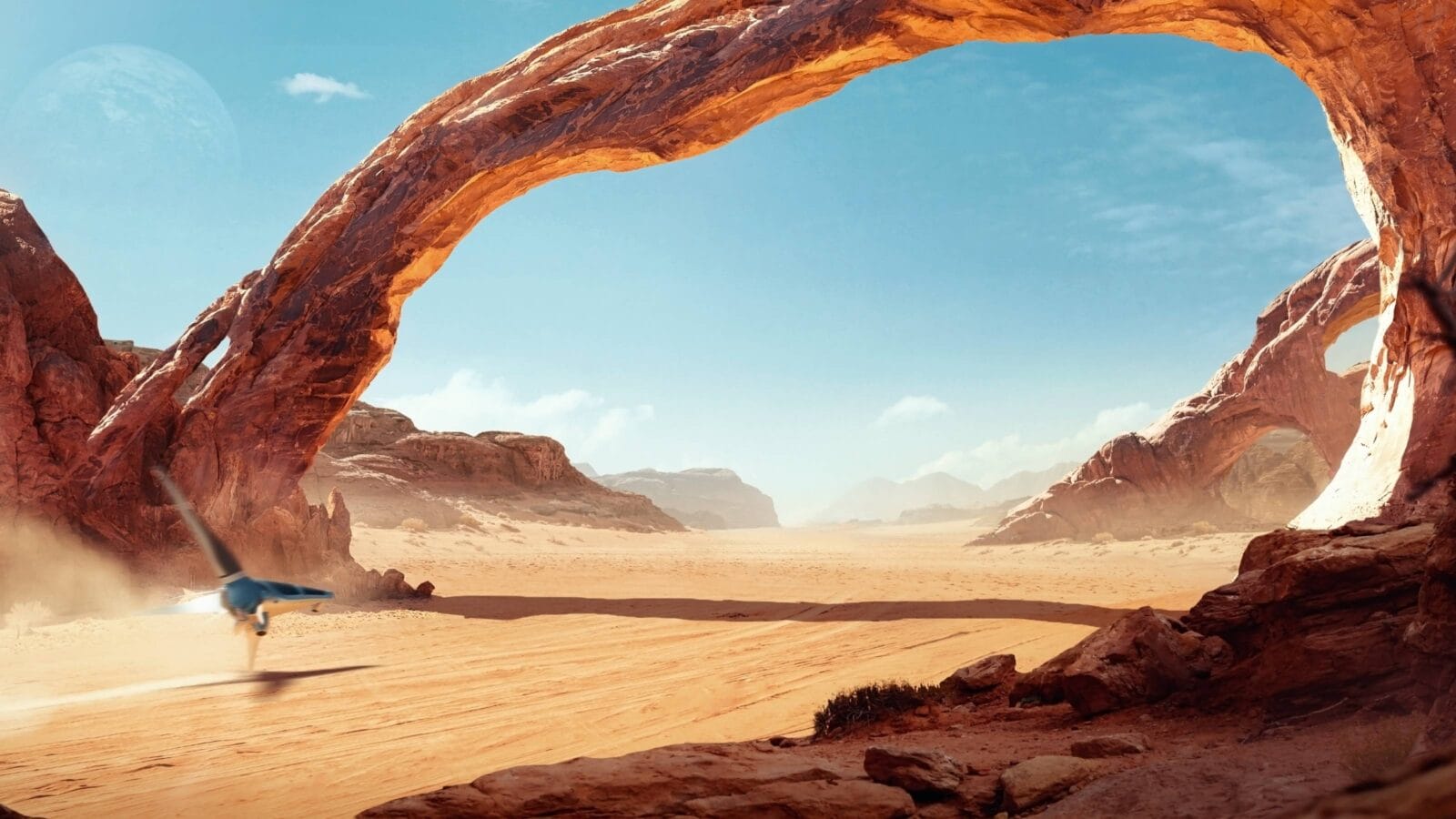Fantastic Sci-fi landscape of a spaceship on a sunny day, flying over a desert with amazing arch-shaped rock formations
