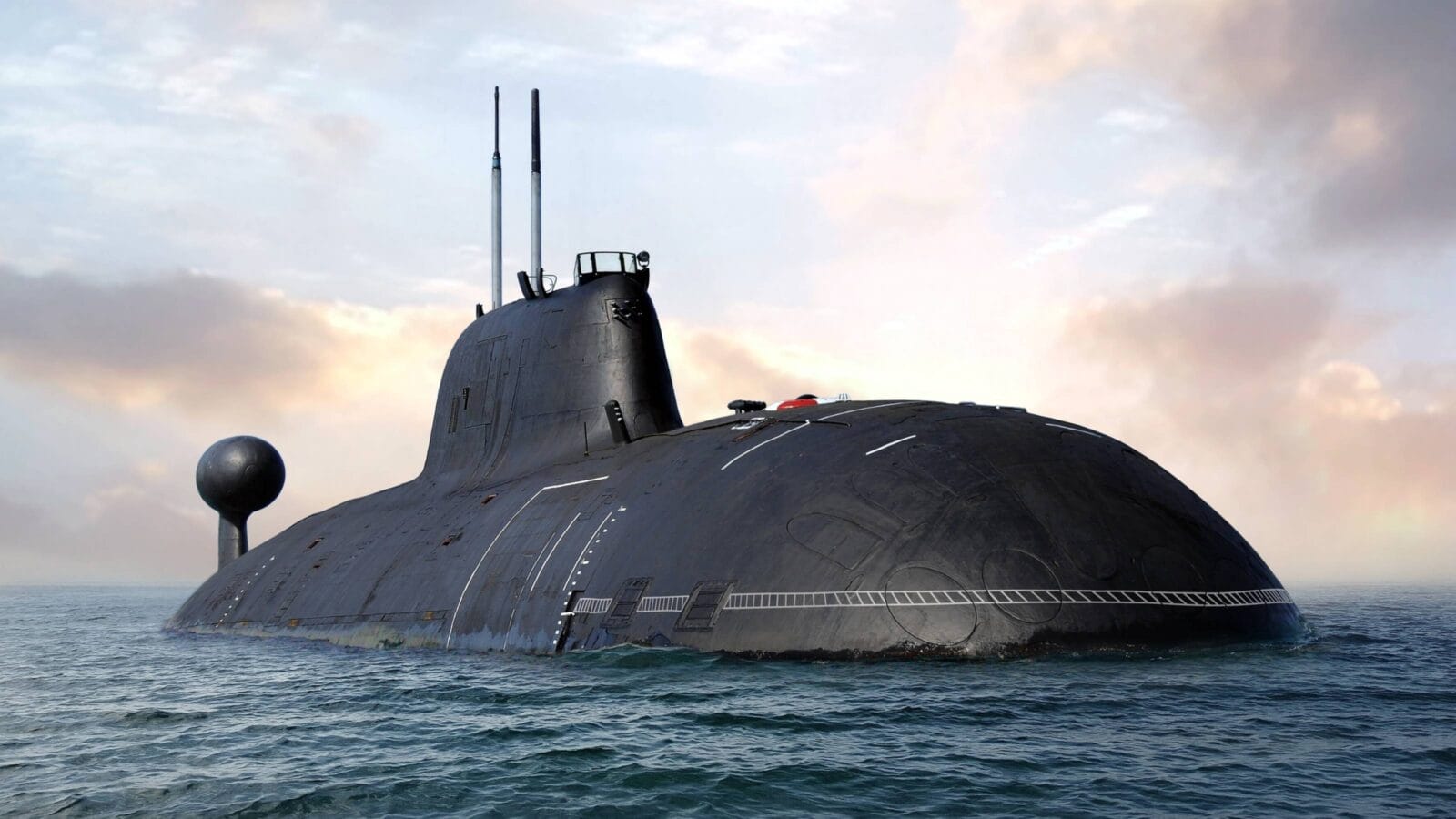 Naval submarine on open sea surface with cloudy sky