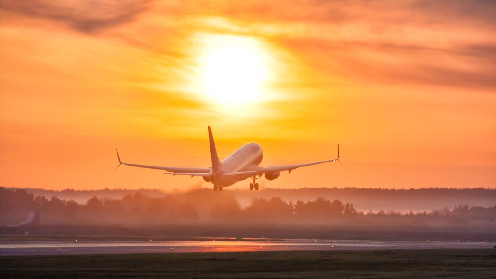 Scenic dawn with a fog at the airport.